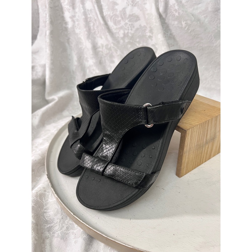 Vionic Ellie Black Snakeskin Platform Sandals Orthotic Wedge Slides Womens 8
